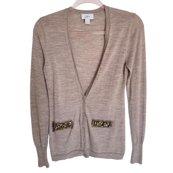 Ann Taylor Wool Knit Beaded Pockets Sweater Cardigan Jacket - Picture 1 of 6